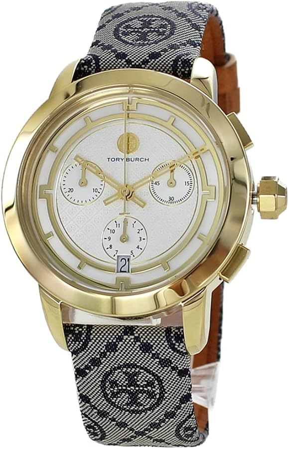Three-quarter view of Tory Burch TBW1035 chronograph watch with white dial and blue patterned strap