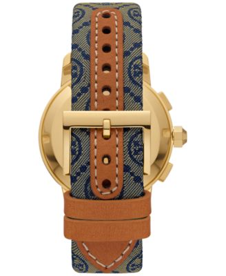 Tory Burch TBW1035 watch back showing gold case and blue fabric and brown leather strap