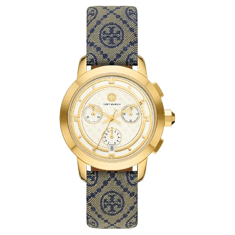 Tory Burch TBW1035 chronograph watch with gold case, white dial, and blue fabric monogram strap