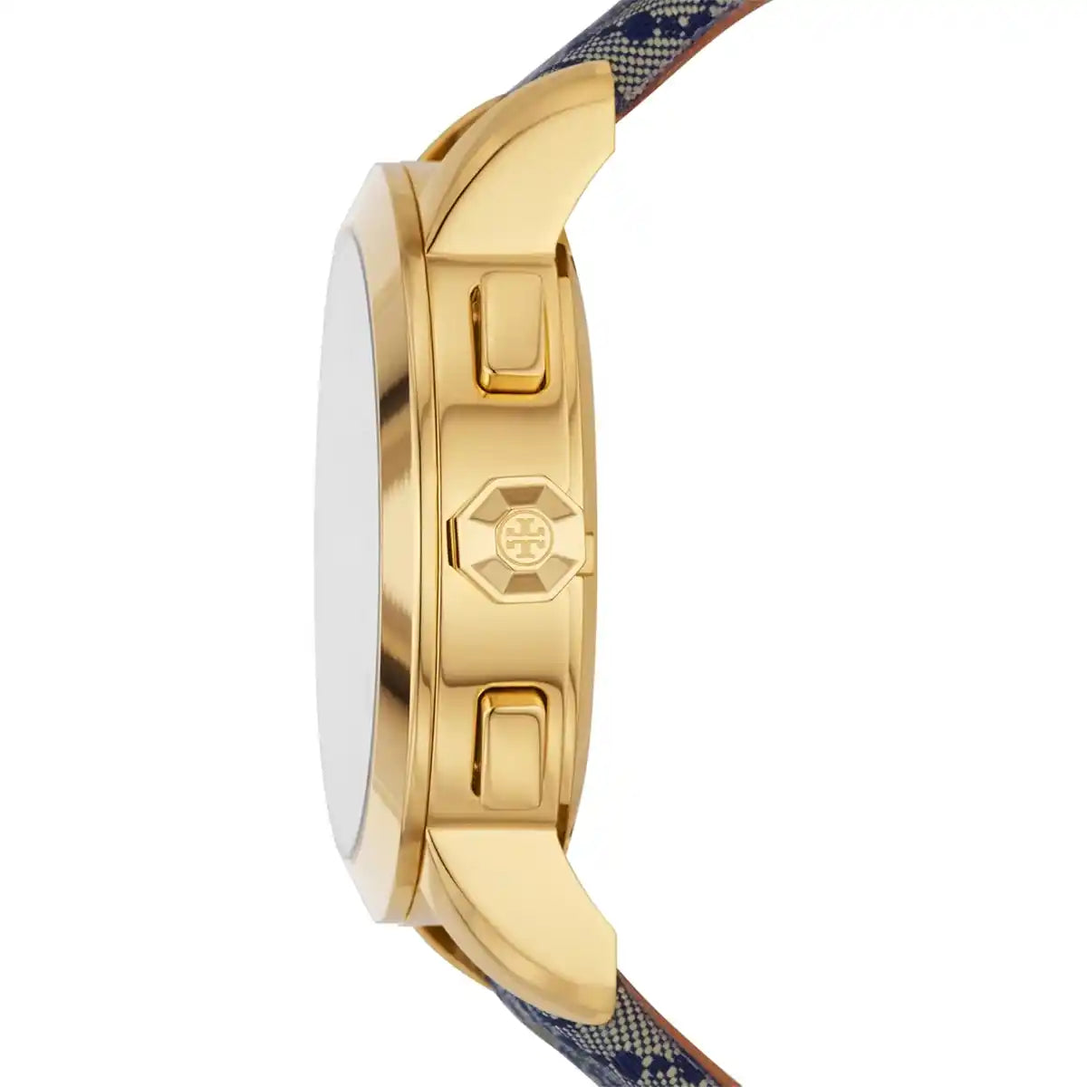Side view of Tory Burch TBW1035 watch showing gold case profile and mixed fabric leather strap
