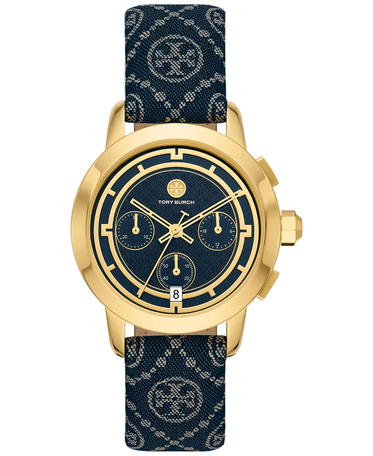 Tory Burch chronograph women's watch with gold-tone case, navy fabric strap with ivory leather panel, navy dial with subdials