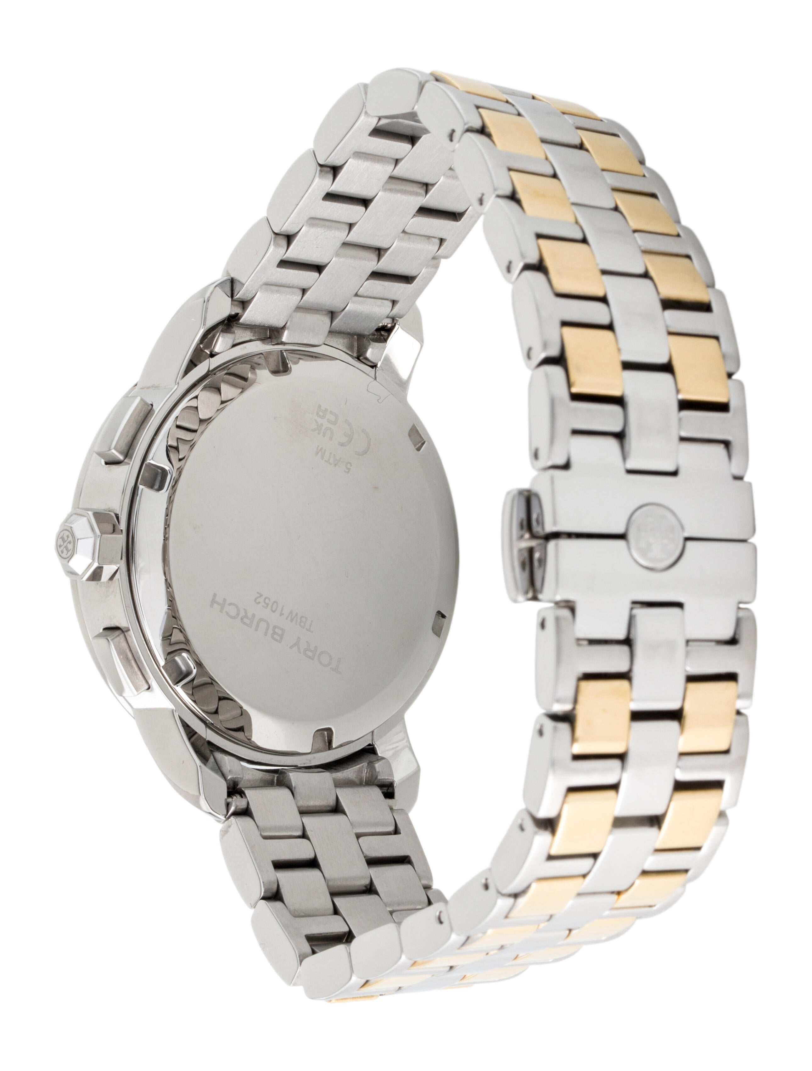 Angled view of TBW1052 women's chronograph with cream dial and mixed metal bracelet