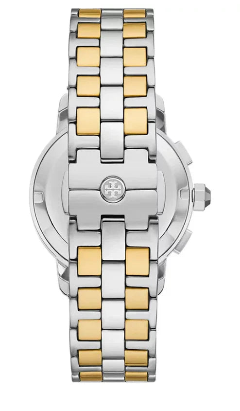 TBW1052 case back showing stainless steel and gold two-tone design with Tory Burch logo
