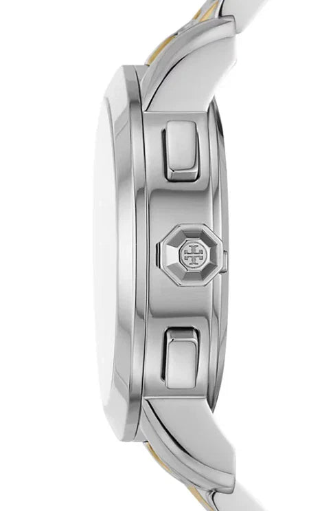 Side profile of Tory Burch TBW1052 showing chronograph pushers and two-tone case profile