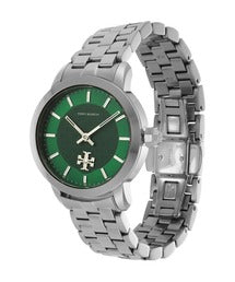 Angled side view of Tory Burch TBW1054 showing green dial and silver bracelet