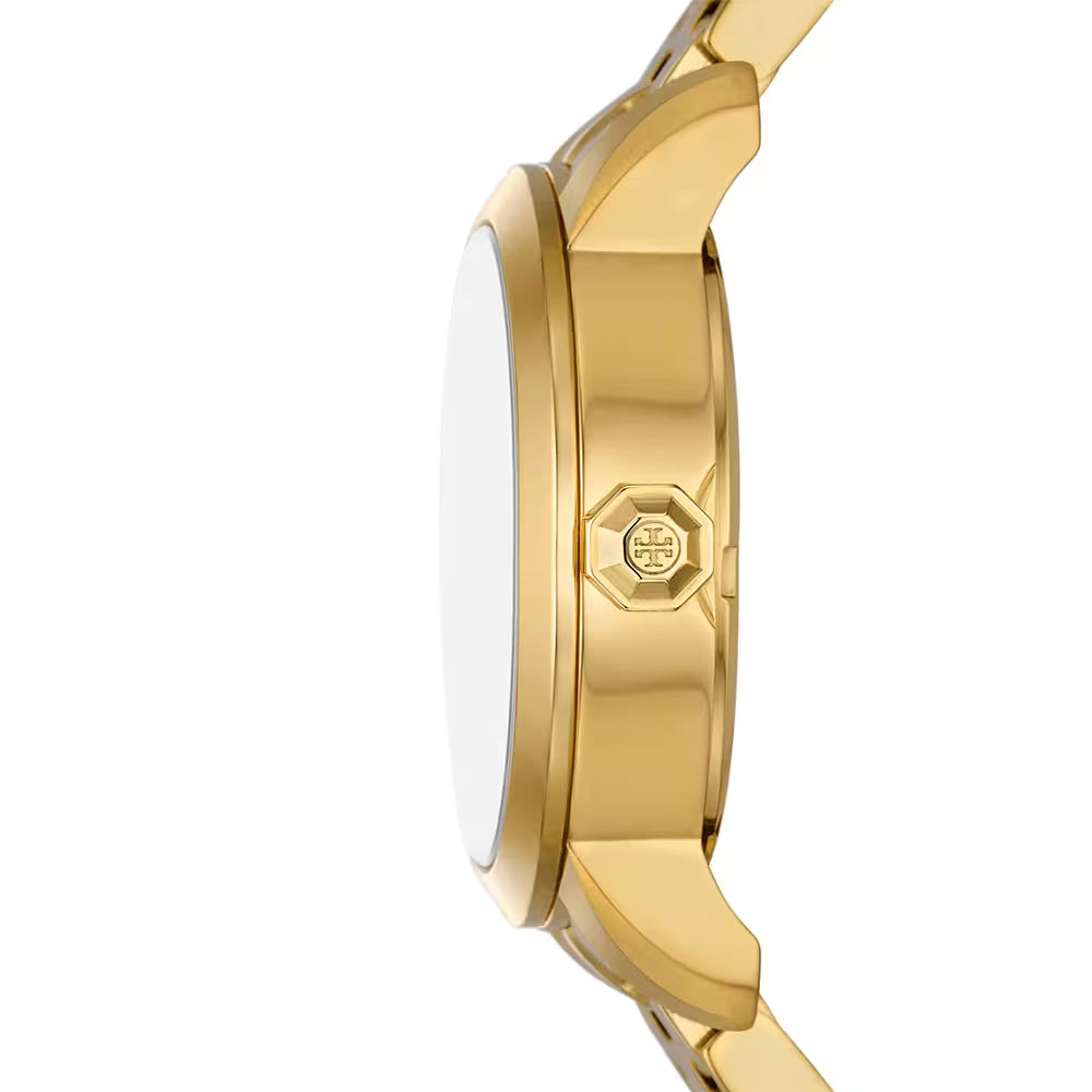 Tory Burch TBW1056 side profile showing gold-tone steel case and bracelet