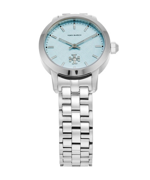 Angled view of Tory Burch TBW1057 watch showing sky blue dial and silver metal bracelet