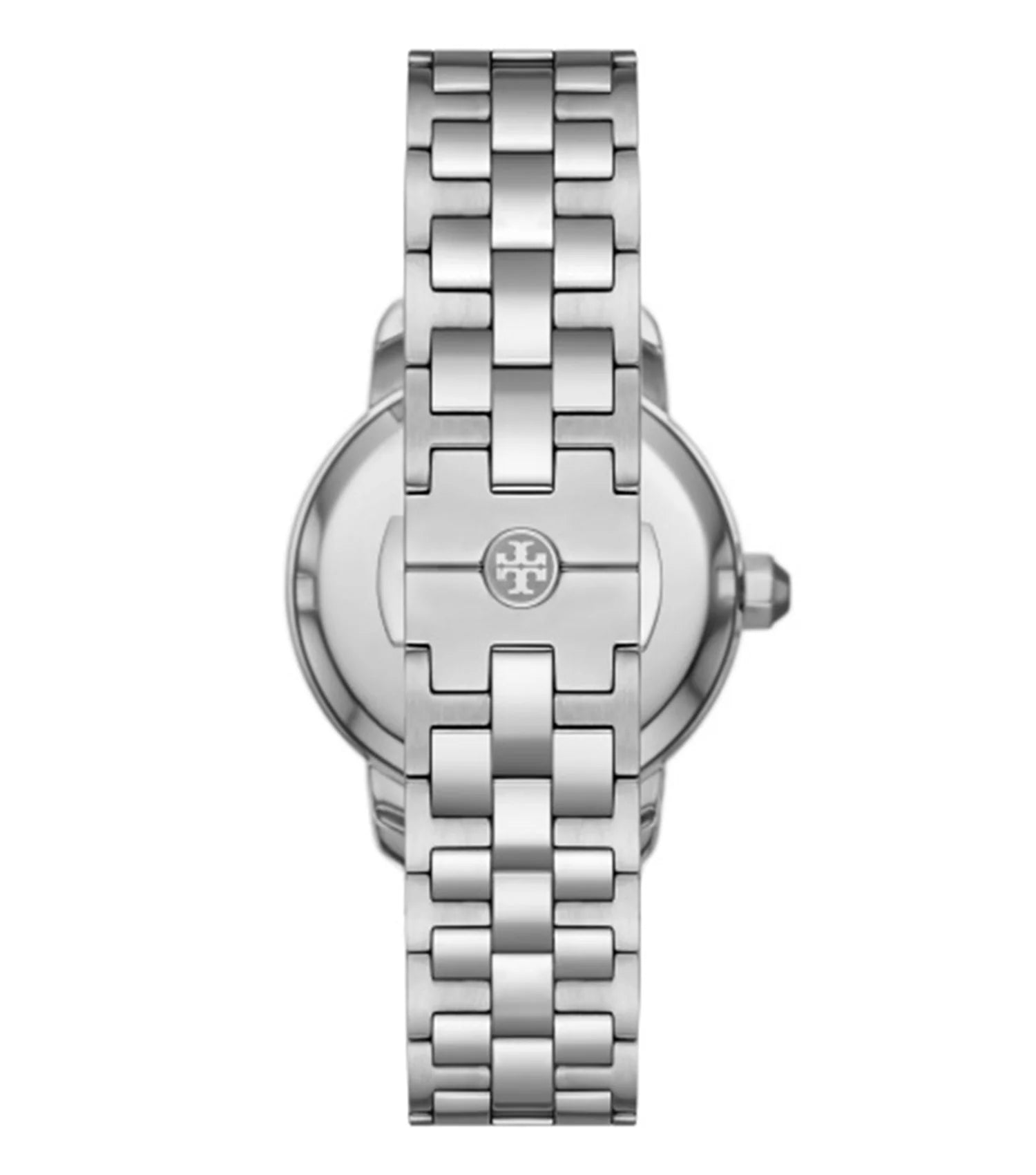 Caseback view of Tory Burch TBW1057 watch showing silver stainless steel rear