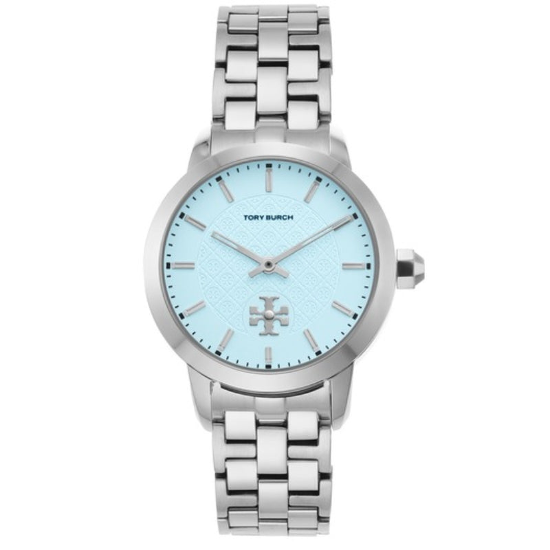 Front view of Tory Burch TBW1057 women's watch with light blue dial and silver bracelet