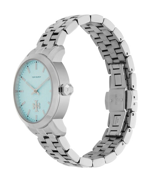 Tory Burch TBW1057 watch worn on wrist showing silver stainless steel bracelet