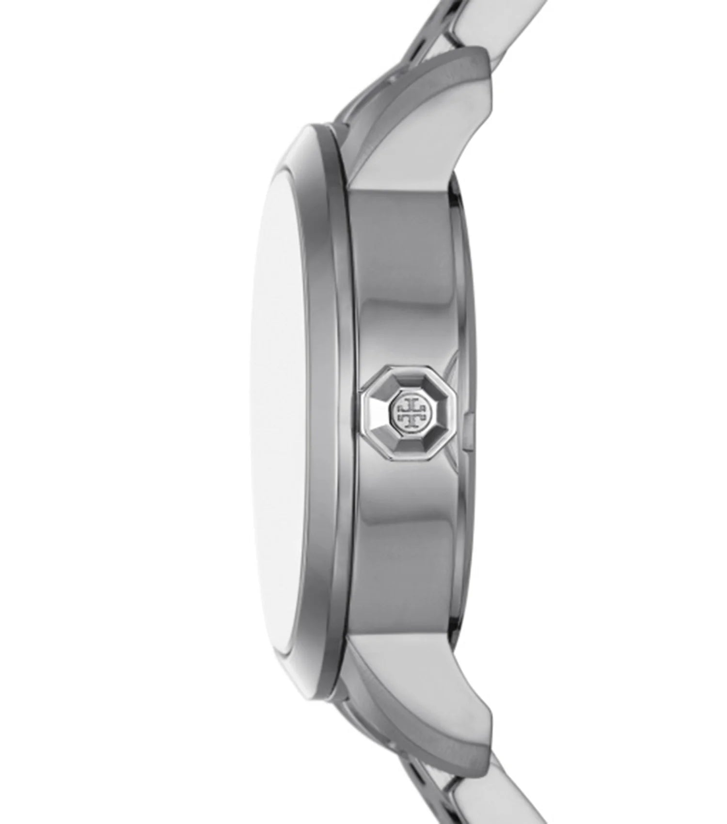 Side profile of Tory Burch TBW1057 watch case with silver stainless steel band