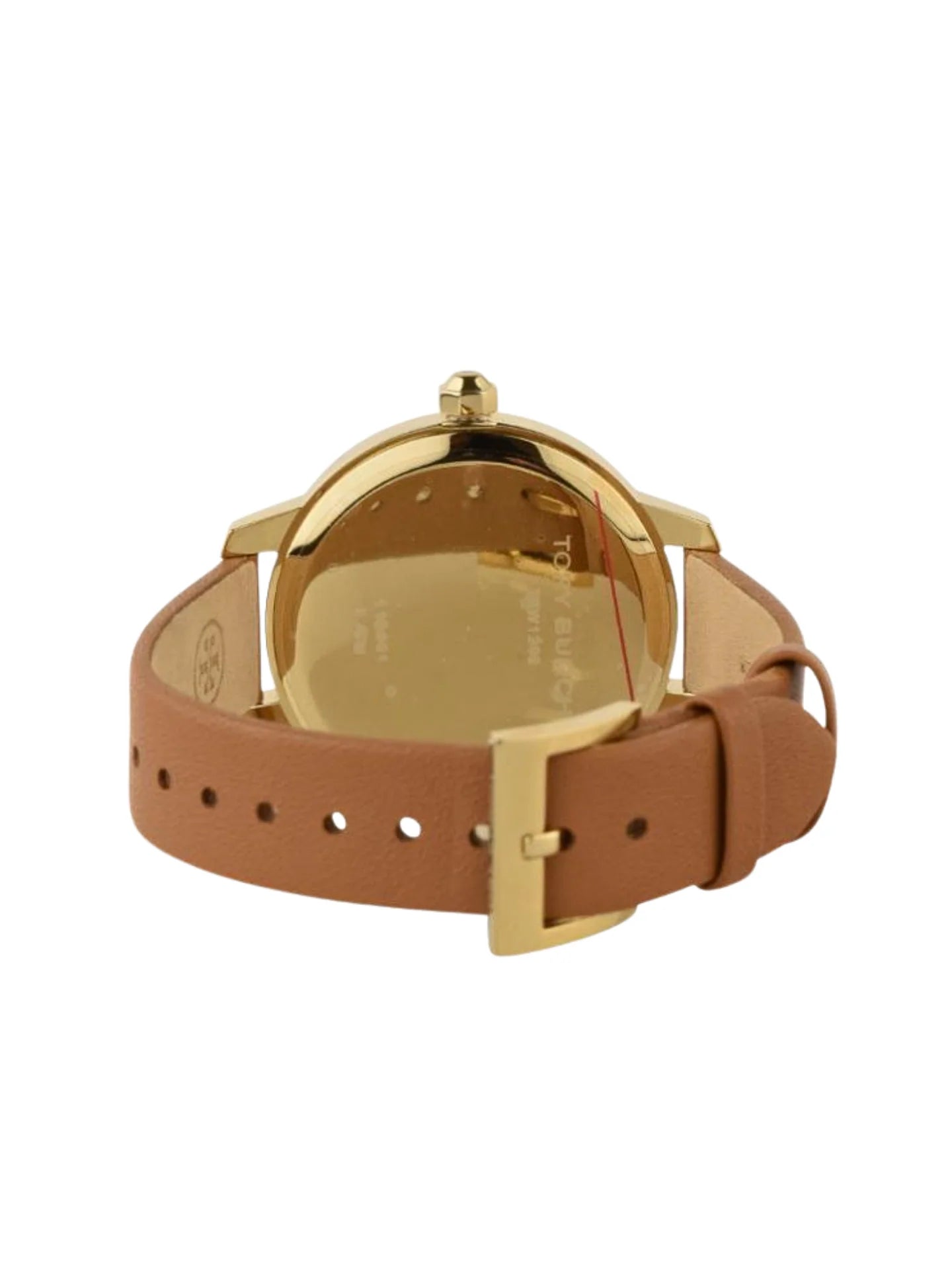 Back view of Tory Burch Collins watch with gold caseback and brown leather strap with buckle