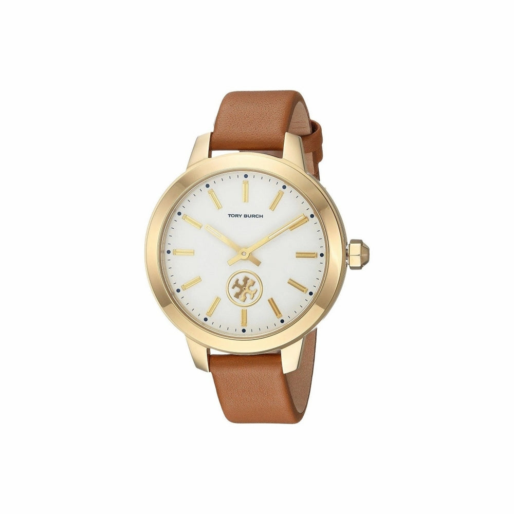 Tory Burch Collins quartz watch with cream dial, gold hour markers, and brown leather strap