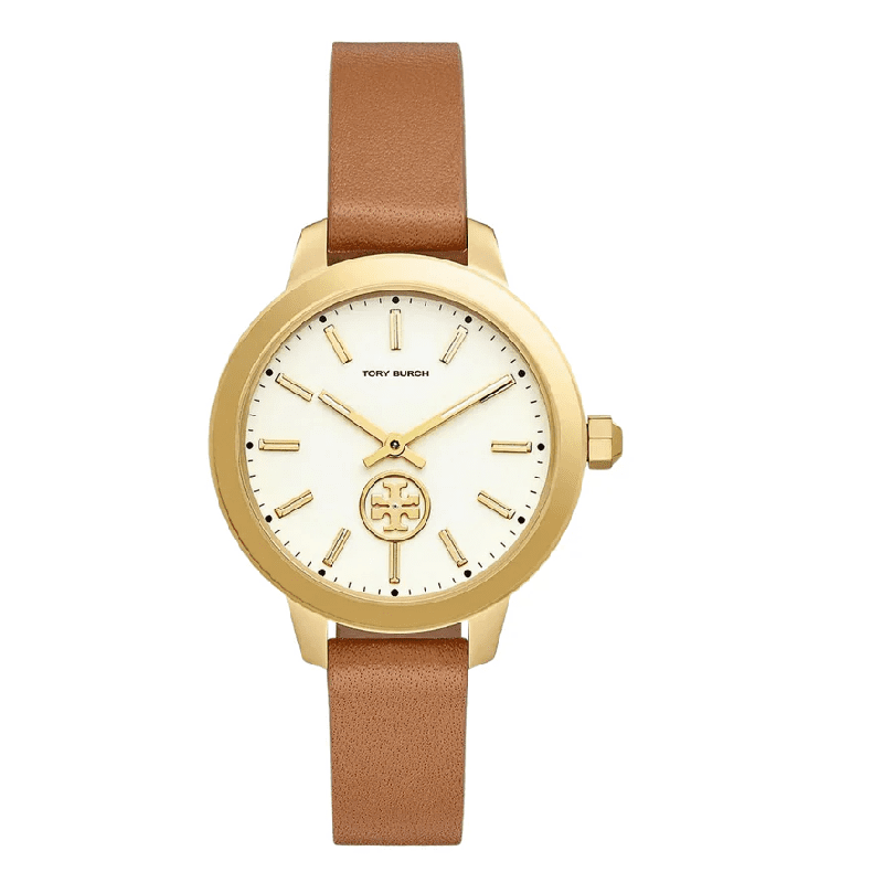 Tory Burch Collins women's quartz watch with ivory dial and gold-tone case on brown leather strap