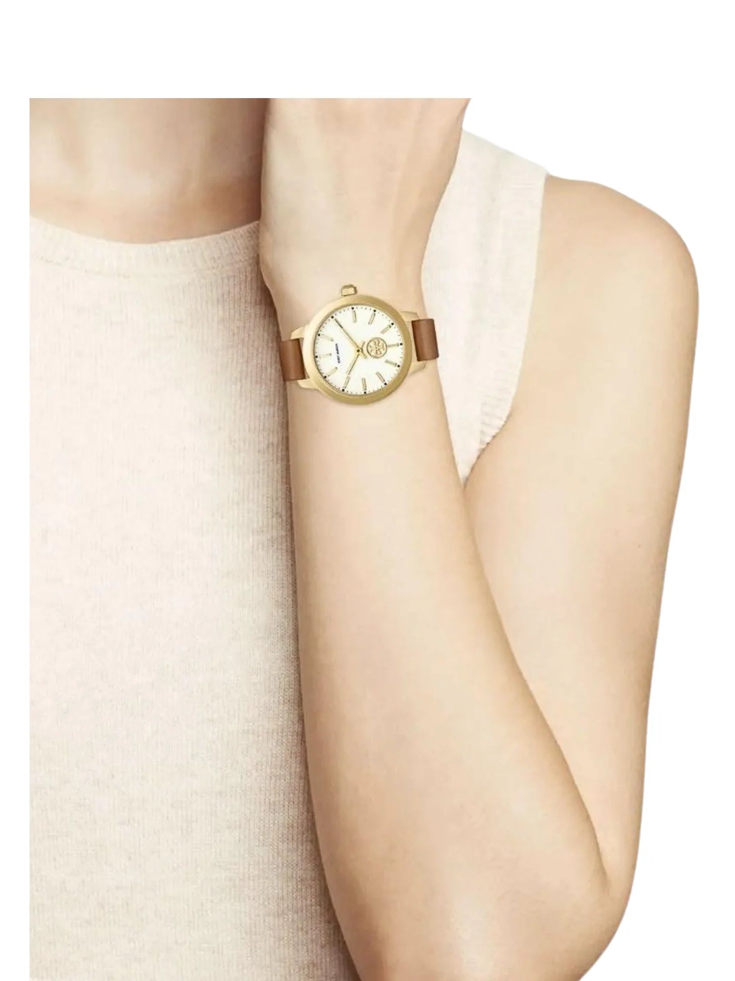 Tory Burch Collins watch worn on wrist with ivory dial and brown leather strap