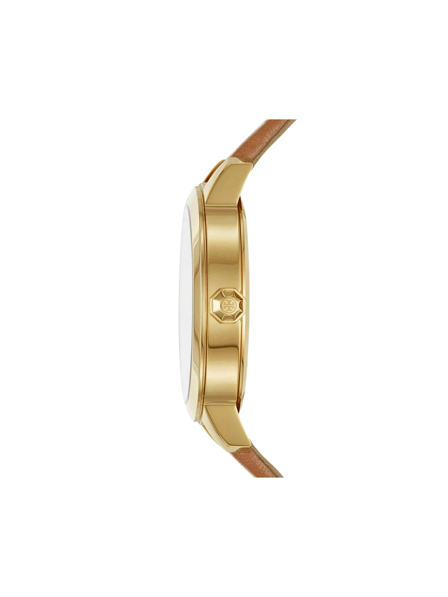 Side profile of Tory Burch Collins watch showing gold case and brown leather strap