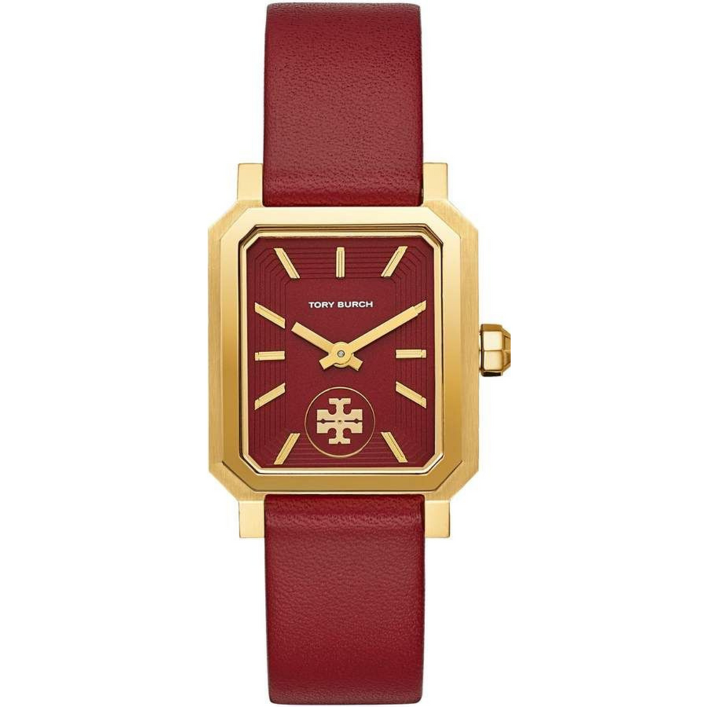 Tory Burch TBW1505 women's watch with maroon dial, gold case, and burgundy leather strap