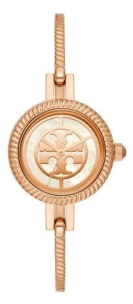 Tory Burch Riva rose gold watch with round face and iconic logo dial