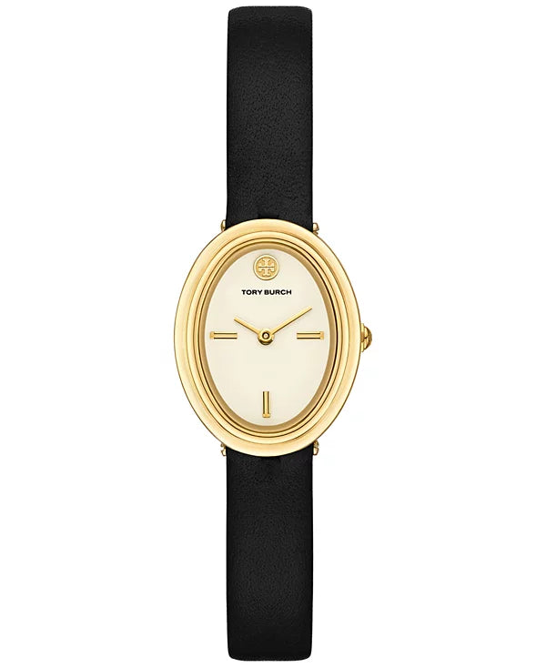 Tory Burch TBW6030 oval watch with cream dial and gold tone case on black leather strap