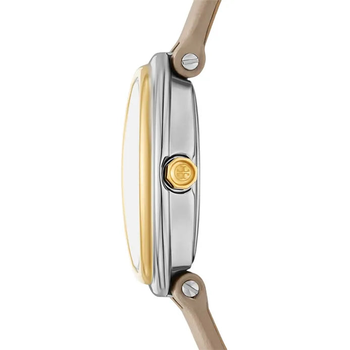 Tory Burch TBW6031 side view showing two-tone stainless steel case and grey leather strap