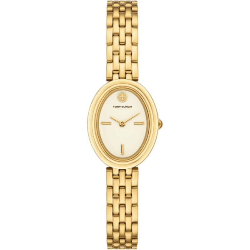 Tory Burch Oval 22mm women's watch with gold steel bracelet and white dial