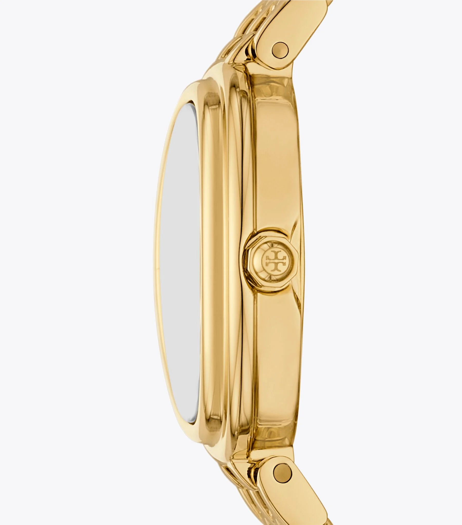 Side view of Tory Burch Oval watch showing gold steel case profile