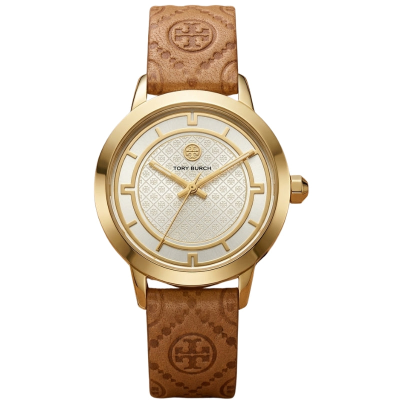 Gold-tone watch with cream dial, Tory Burch branding, brown monogram leather strap