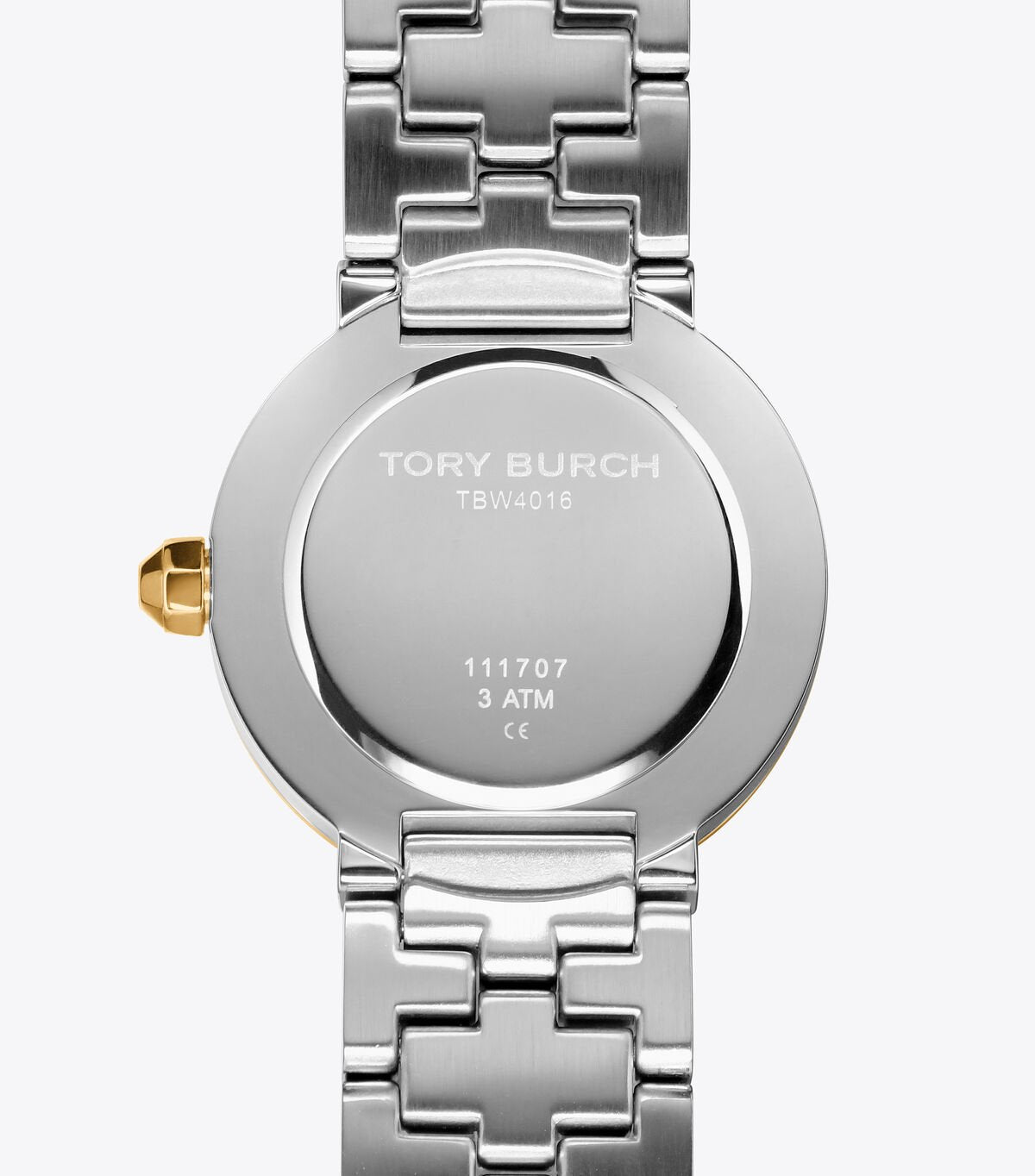 Caseback of Tory Burch The Reva watch showing model TBW4016 and specifications