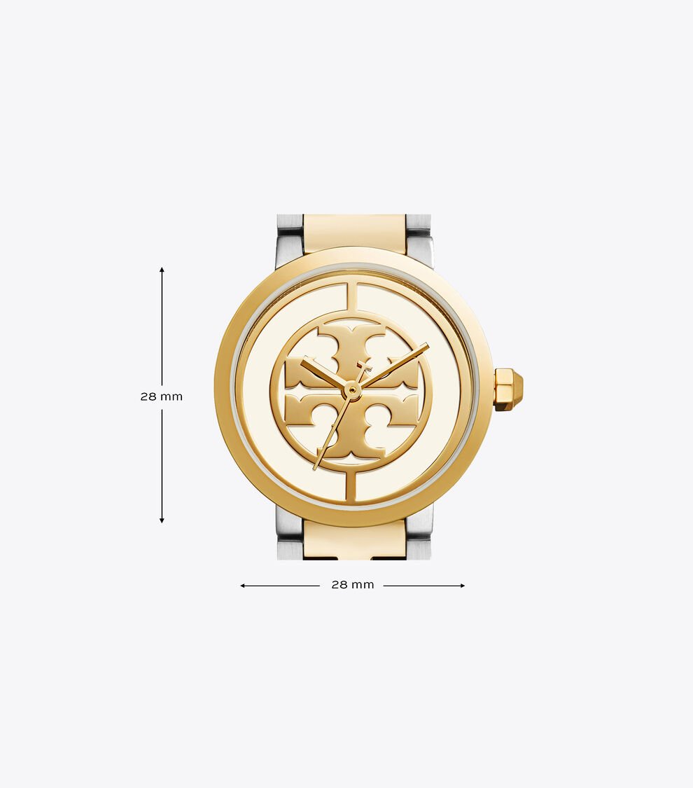 Tory Burch The Reva 28mm watch case with gold bezel and signature logo dial detail