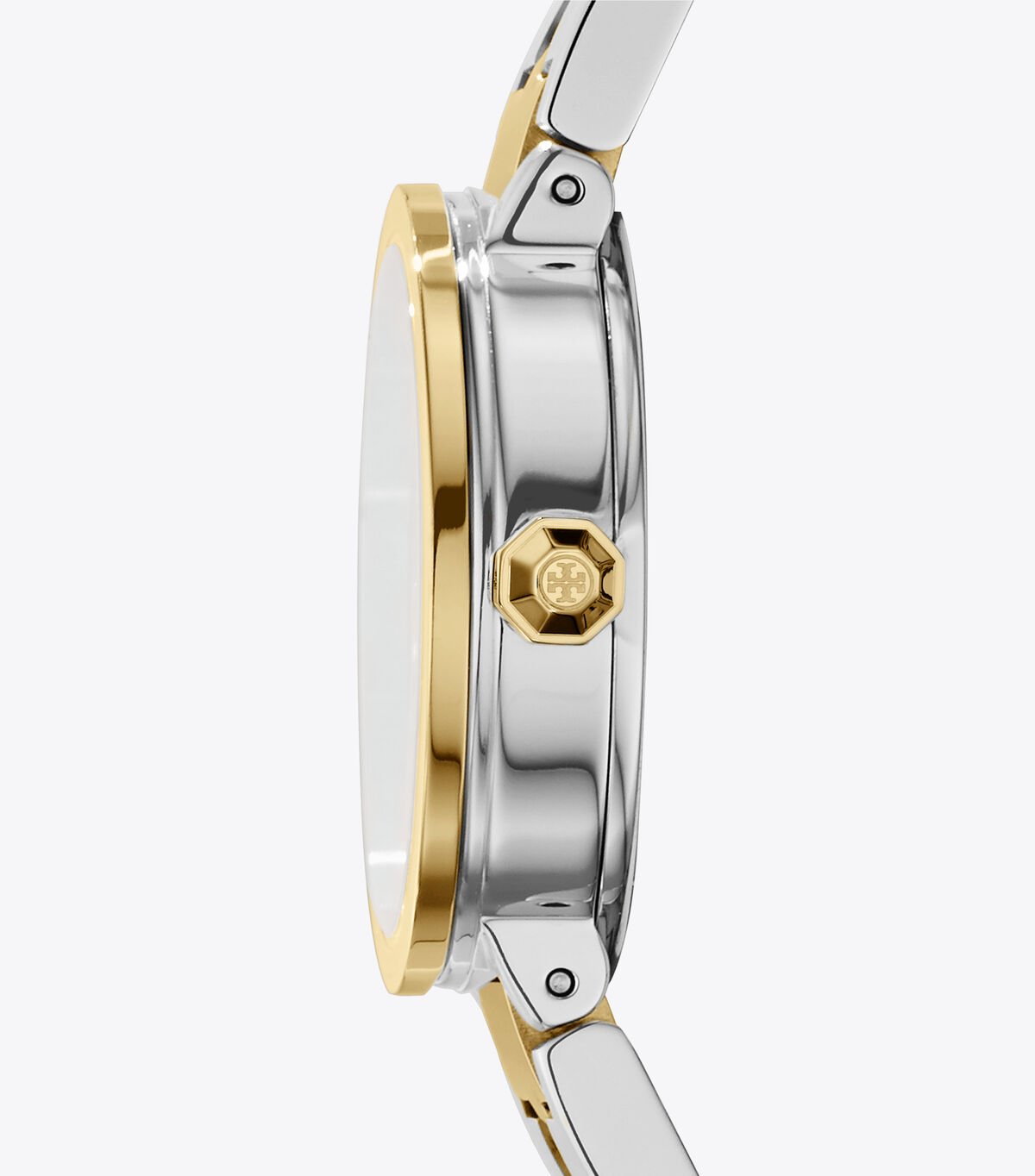 Side view of Tory Burch The Reva watch displaying case profile and crown