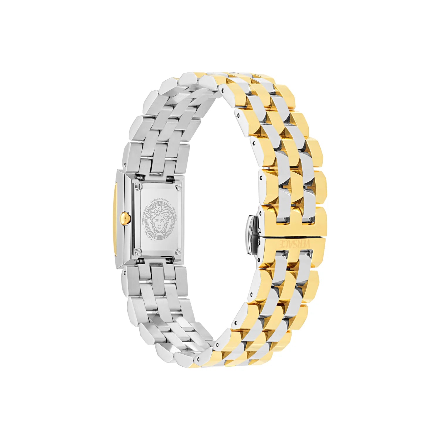 Versace Reveal watch side view showing rectangular case and two-tone bracelet