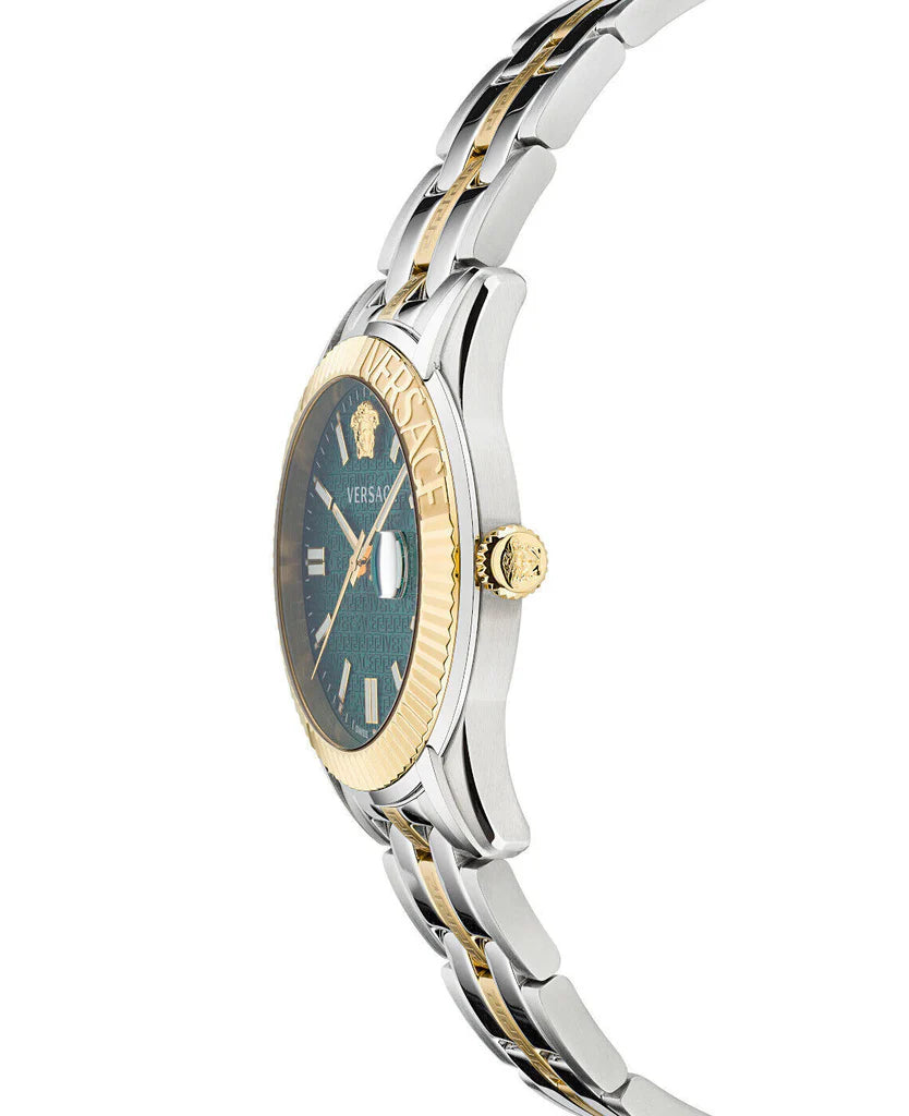 Versace Greca Time watch side profile displaying two-tone steel and gold bracelet