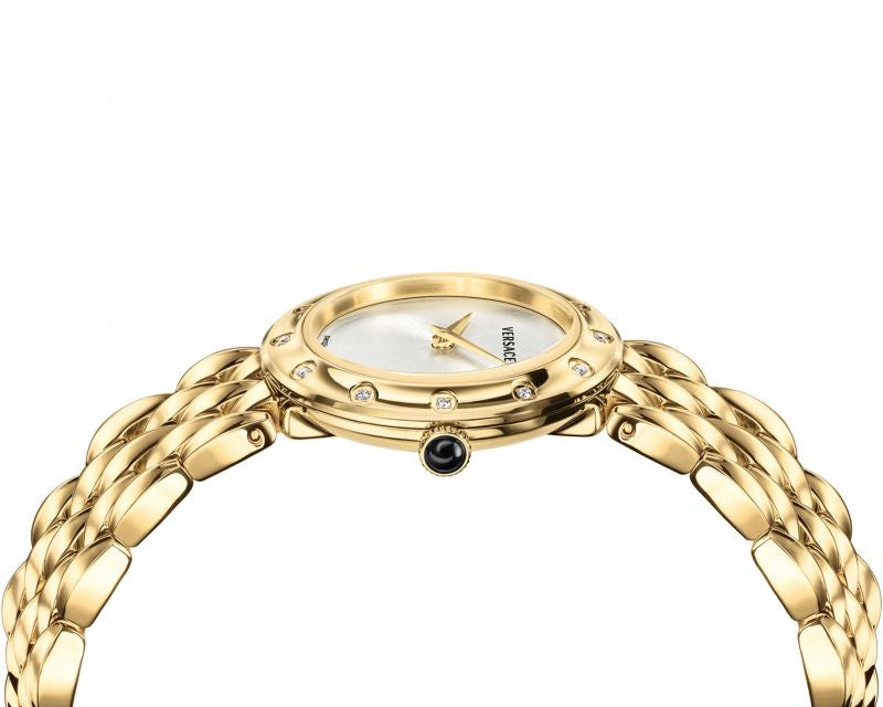 Versace V-Flare watch three-quarter view with gold case and chain bracelet