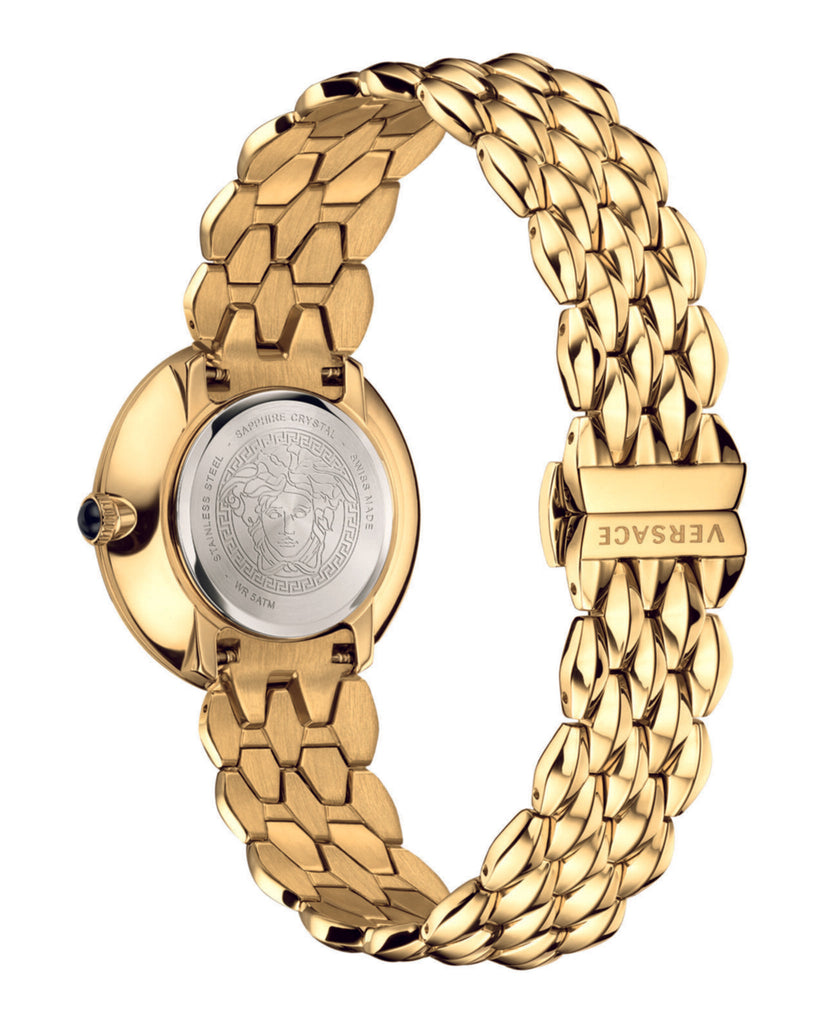 Versace V-Flare caseback showing medallion detail and engraved bracelet tag