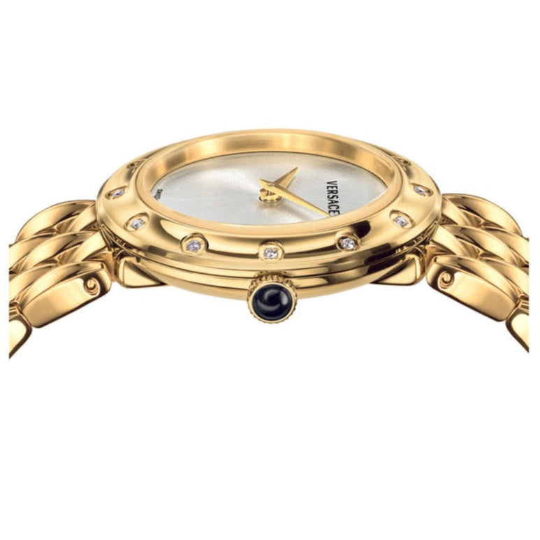 Versace V-Flare dial detail showing silver face with crystal hour markers and black crown