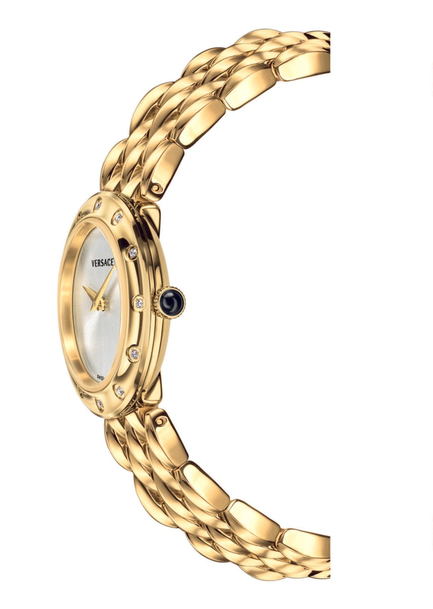 Side profile of Versace V-Flare watch with gold-tone case and link bracelet