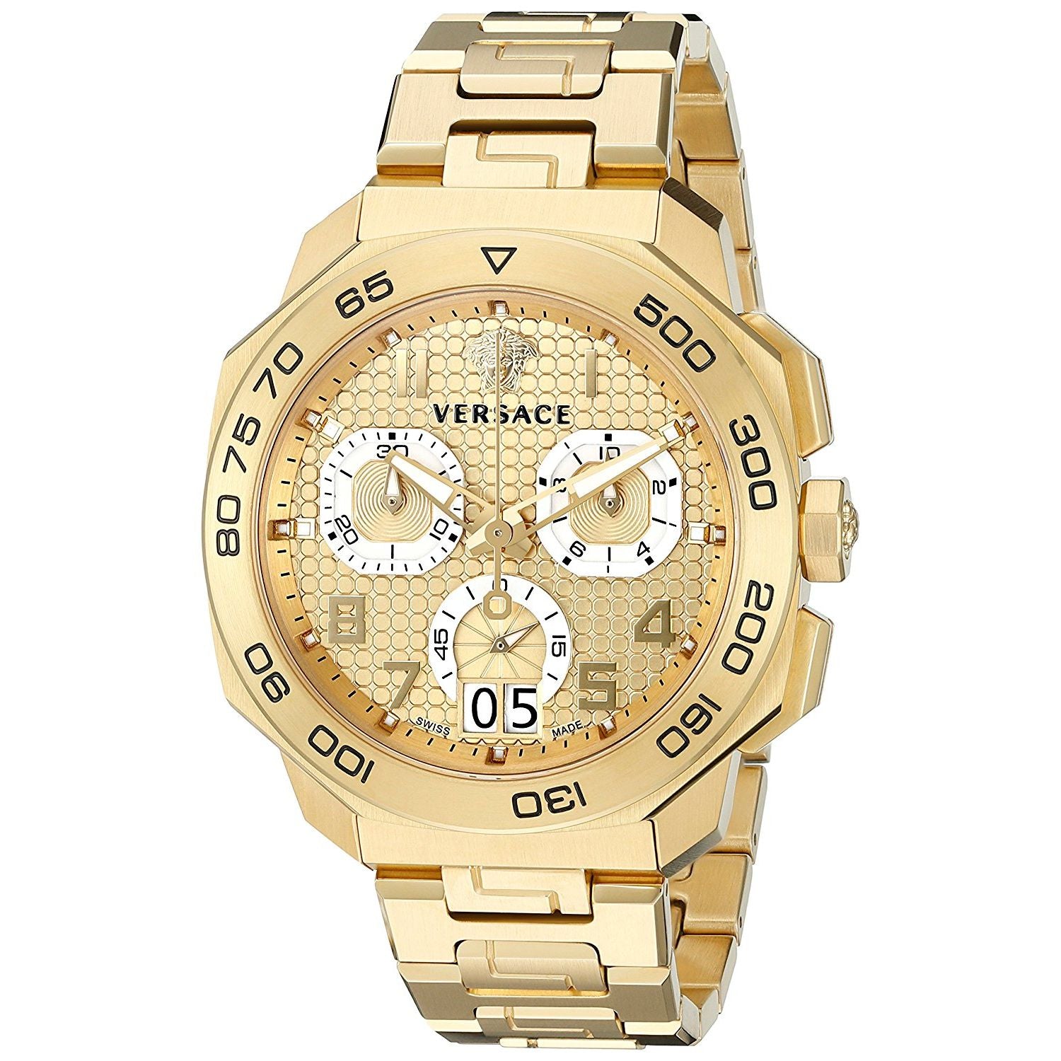 Versace Dylos Chronograph Gold Dial Gold Steel Strap Men Watch - VQC040015