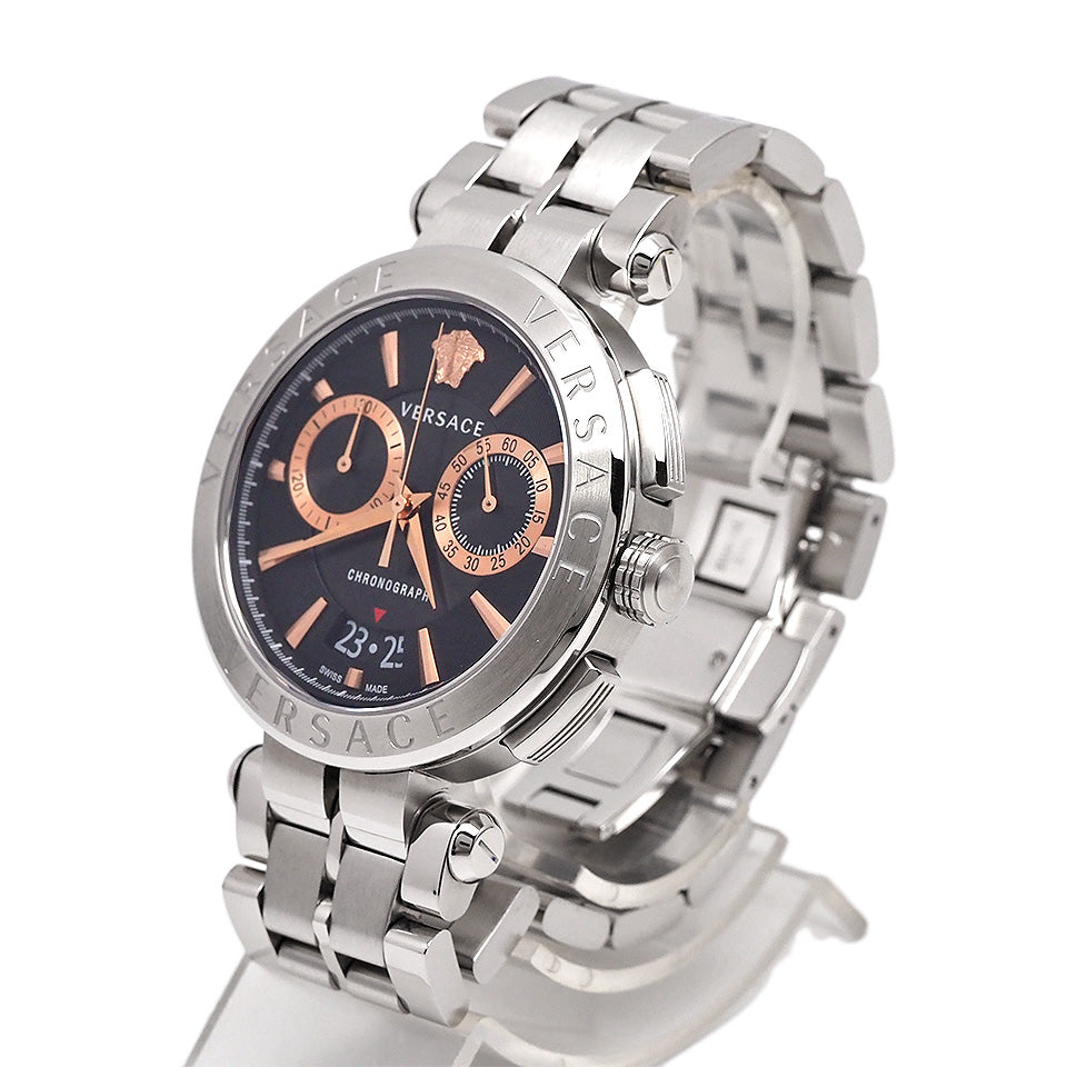 Versace Aion Chronograph silver watch three-quarter view showing chronograph subdials and bracelet detail
