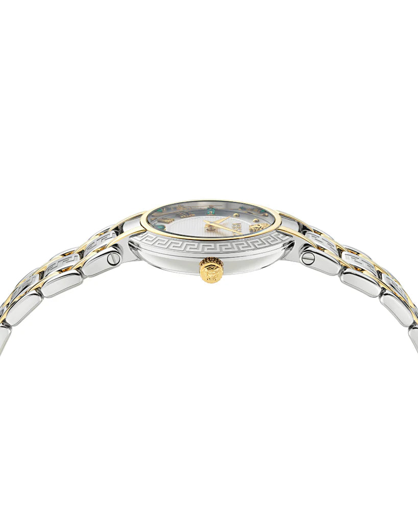 Versace Antlia watch side profile showing case thickness and two-tone bracelet