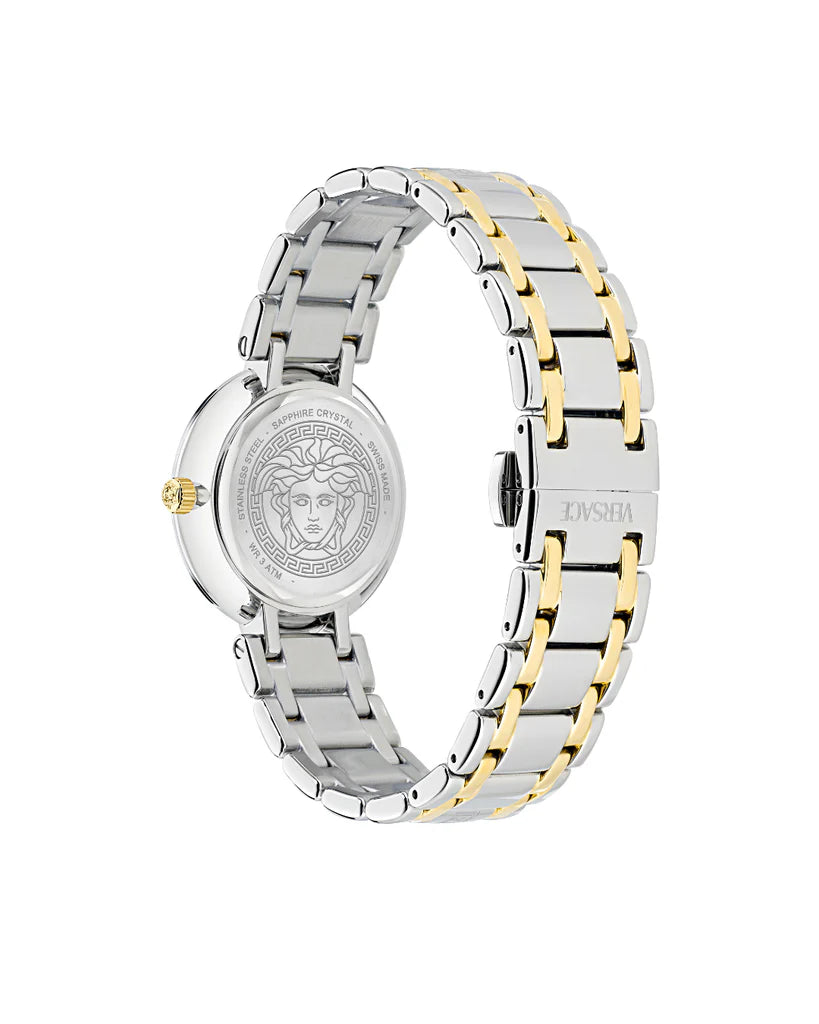 Versace Antlia watch caseback showing two-tone stainless steel bracelet and Medusa logo