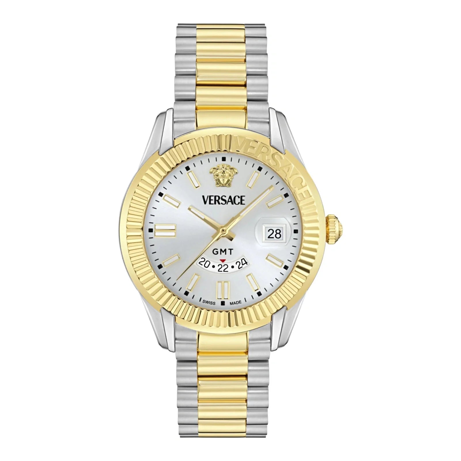 Versace Apodis GMT men's watch with silver dial, gold bezel, two-tone bracelet, and date window