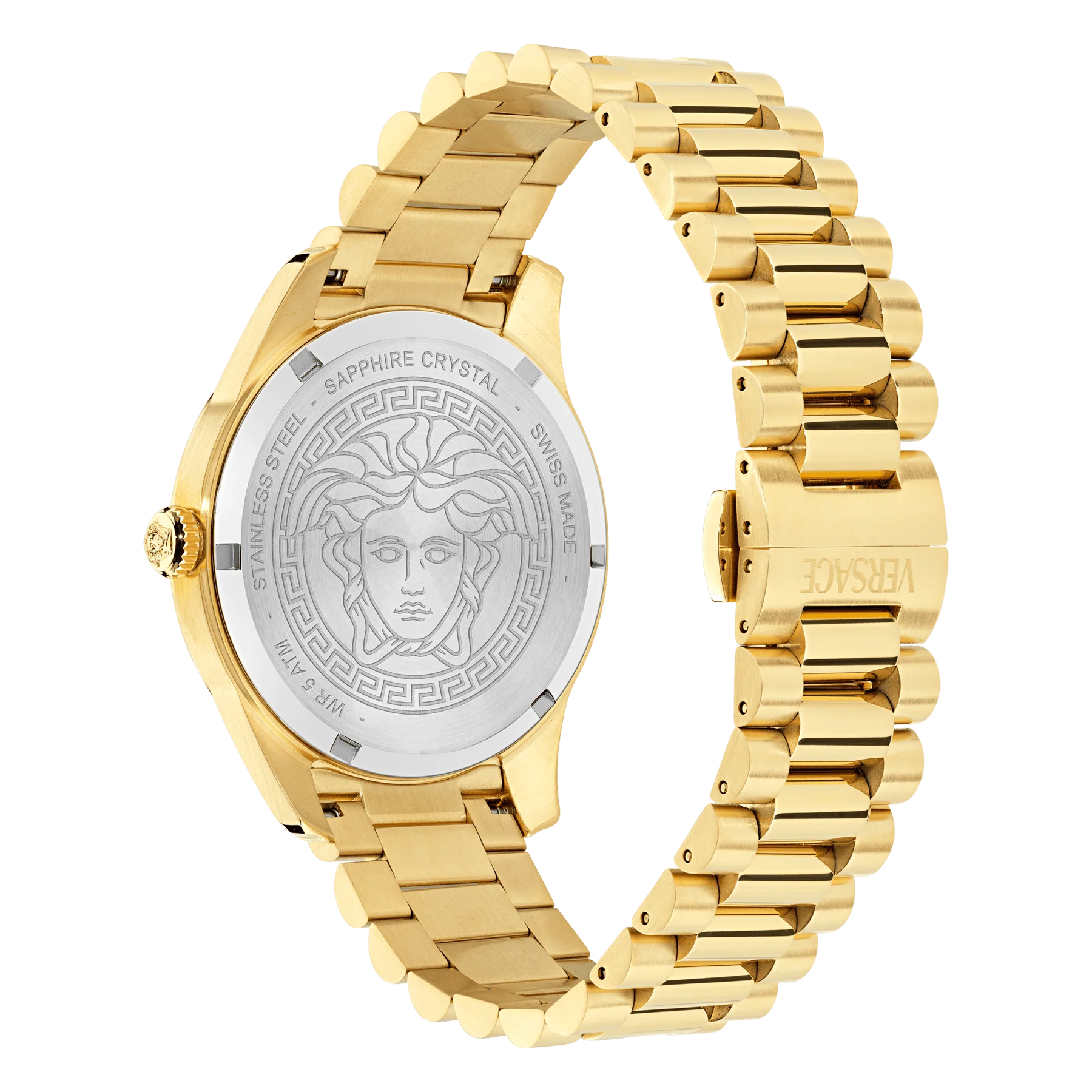 Versace Apodis GMT VE0U00525 caseback showing sapphire crystal with Medusa head motif