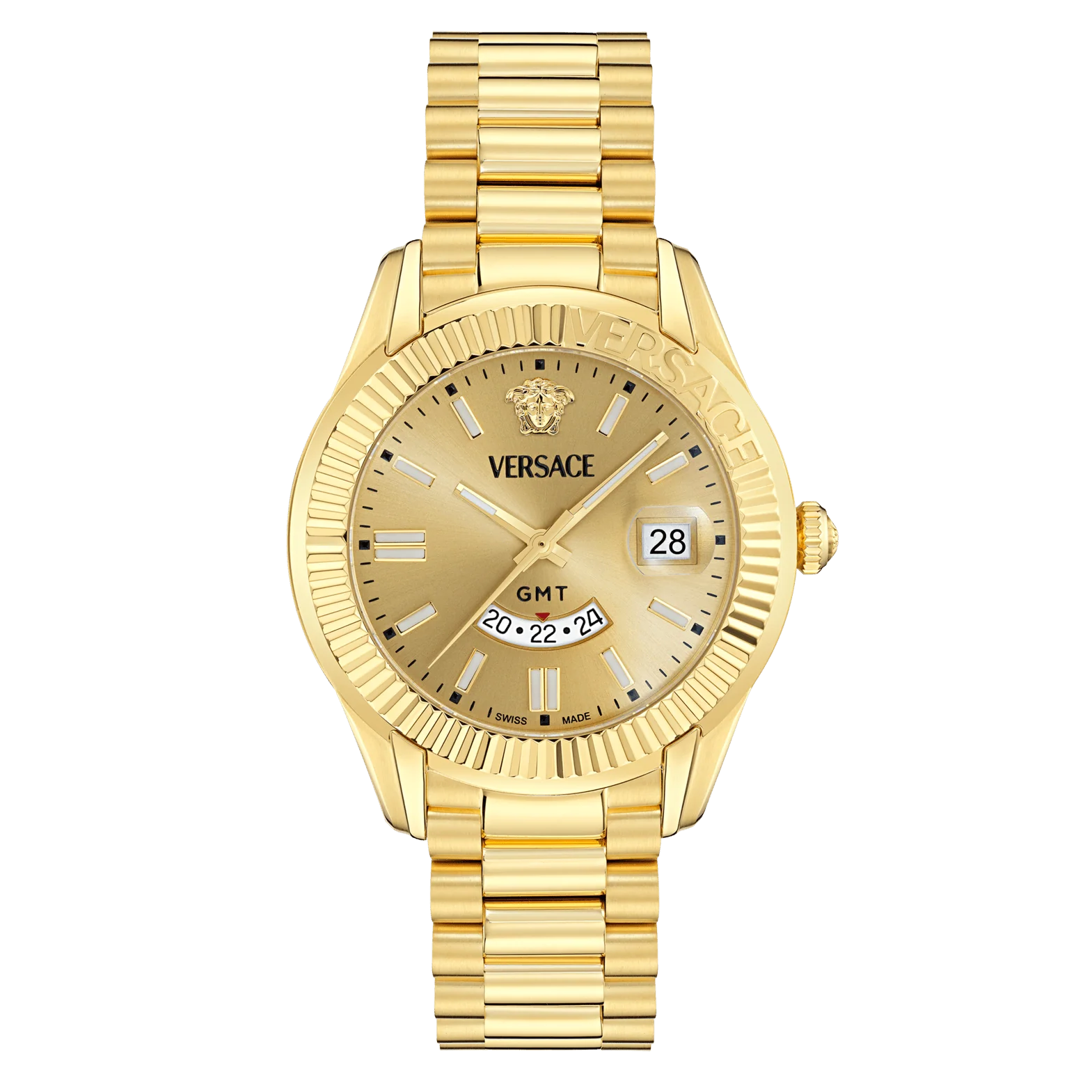 Versace Apodis GMT 41mm all-gold men's watch with gold dial and date window