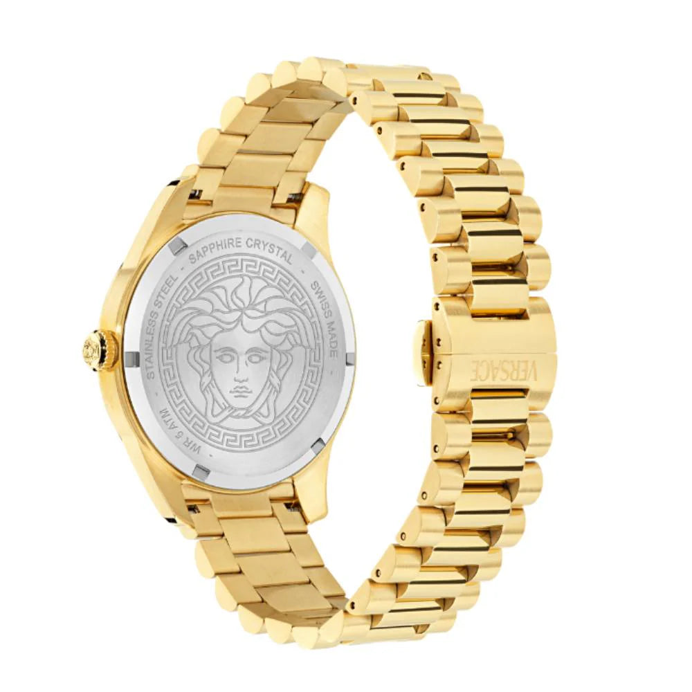 Versace Apodis GMT caseback showing Medusa medallion and sapphire crystal with gold-tone bracelet