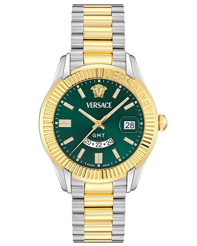 Versace APODIS men's watch with two-tone silver and gold bracelet, green dial, and gold-tone bezel