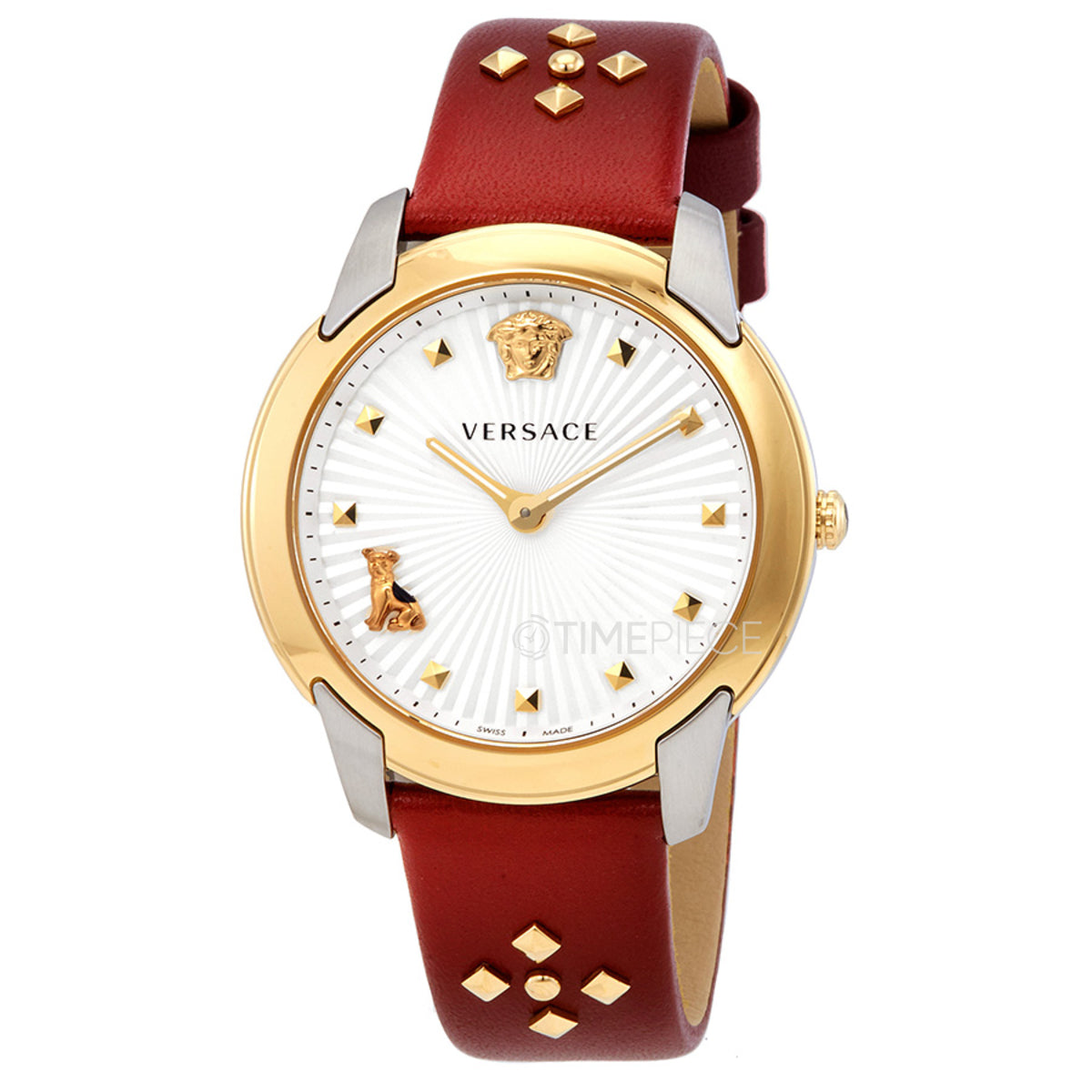 Three-quarter view of Versace Audrey V.Watch showing two-tone case and Medusa logo on dial