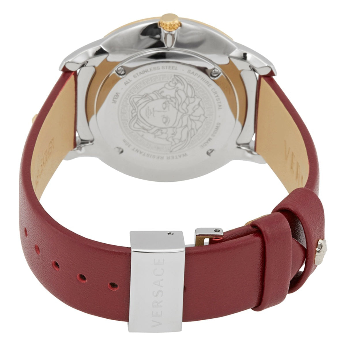 Caseback of Versace Audrey V.Watch showing engraved Medusa head and case construction
