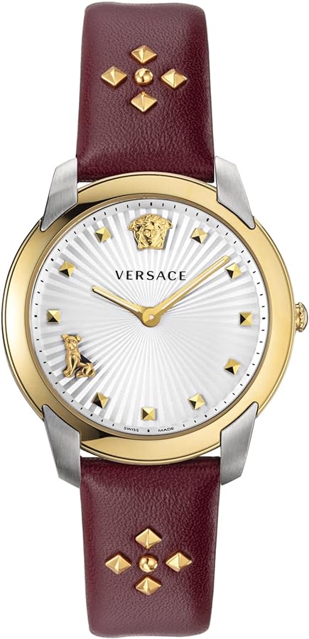 Versace Audrey V.Watch women's watch with gold bezel, white dial, and burgundy leather strap