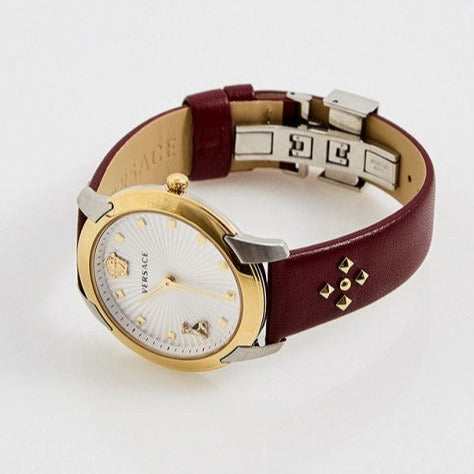 Side view of Versace Audrey V.Watch showing case profile and adjustable burgundy leather strap