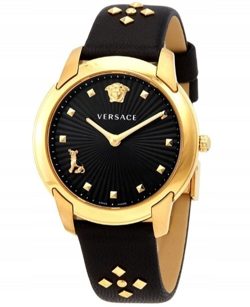 Versace Audrey watch angled view showing gold-plated case with black dial and studded leather strap